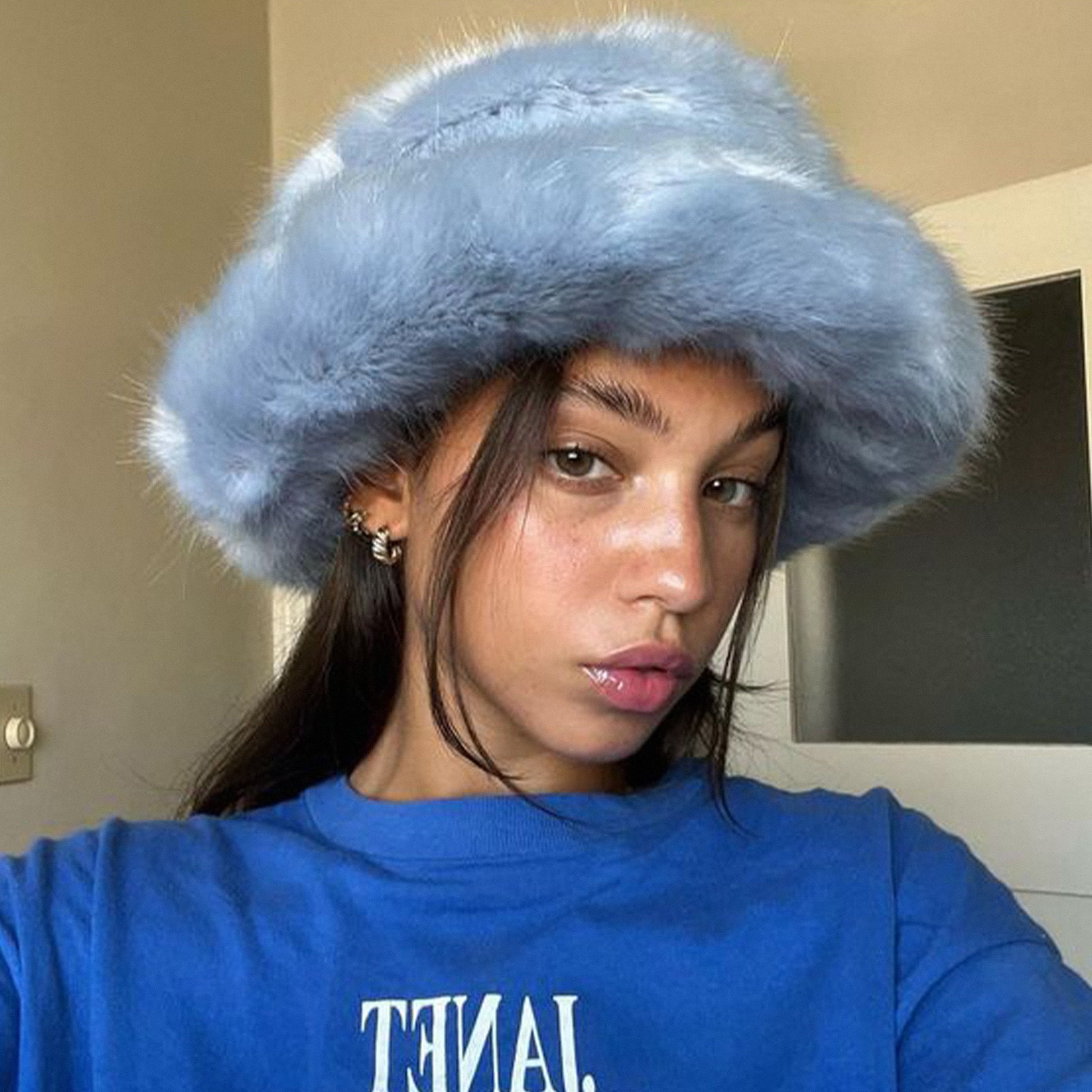 Fleurir Bucket Hat Blue baby blue bucket beige bucket hat bucket hat summer designer bucket hat fall spring bucket faux fur bucket hat faux fur cap fisherman hat bucket luxury hat design pink fur bucket hat Warm Thick hat winter bucket hat y2k fluffy bucket